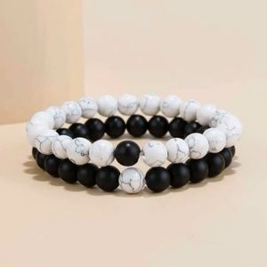 2 piece Beaded White Marbled & Black Stone Bracelet set